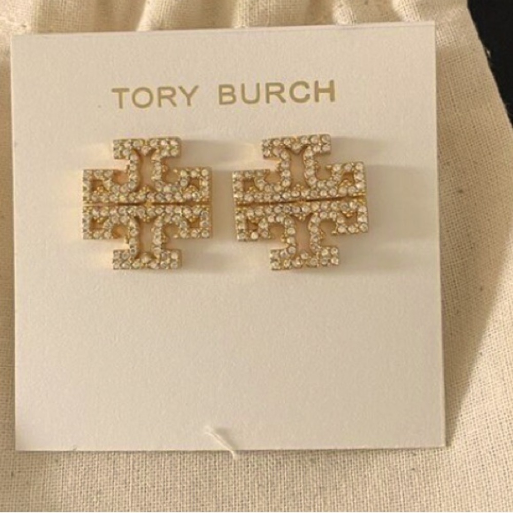 NWT AUTHENTIC TORY BURCH BRITTEN PAVE GOLD STUD‎ EARRING NEW WITH POUCH - Picture 4 of 6